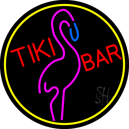 Picture of The Sign Store N105-16216- Clear Tiki Bar Flamingo Oval With Yellow Border Clear Backing Neon Sign 26 T x 26 W in.