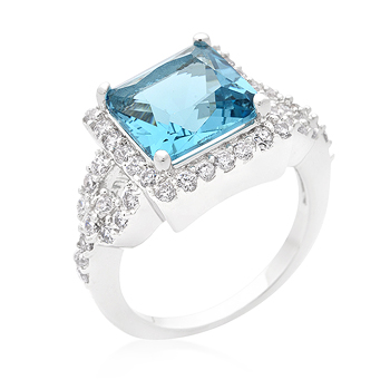 Halo Style Princess Cut Aqua Blue Cocktail Ring - Size 10