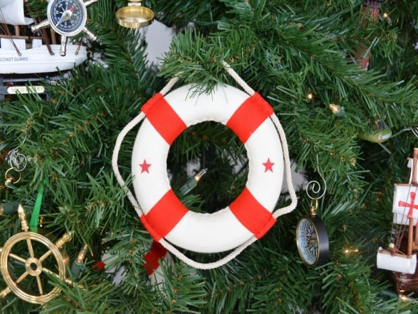 White Lifering With Red Bands Christmas Tree Ornament - 6 in.