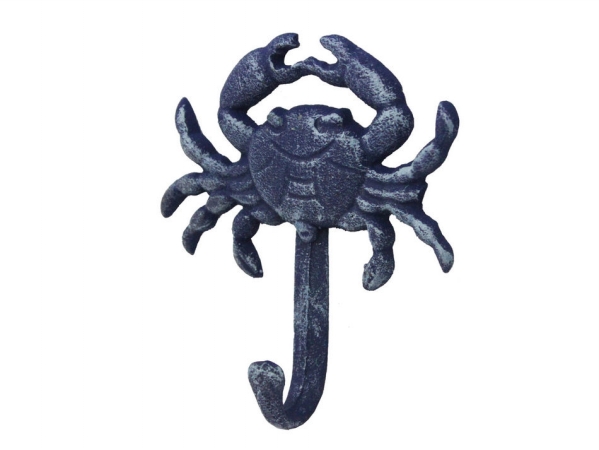 Cast Iron Crab Hook - Rustic Blue - 5 in. - Nautical Decor