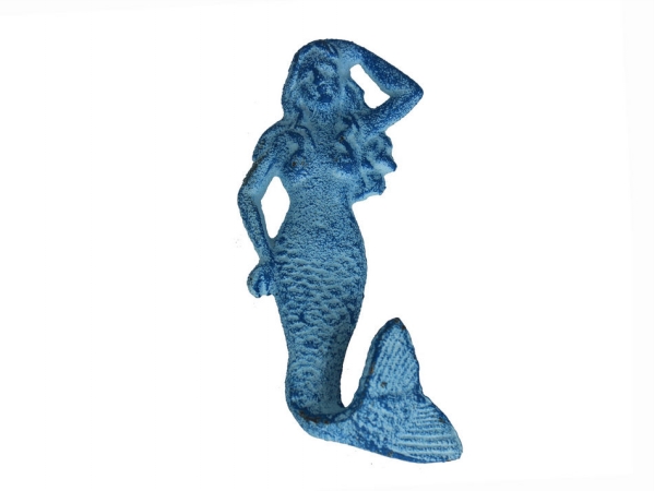 6 in. Cast Iron Mermaid Hook - Rustic Dark Blue Whitewashed