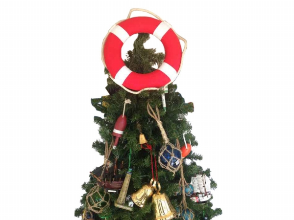 Picture of Handcrafted Model Ships N-LF-SolidRed-15-XMASS Vibrant Red Lifering With White Bands Christmas Tree Topper Decoration