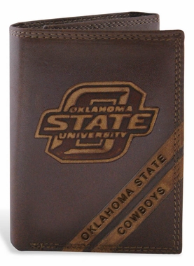 Picture of ZeppelinProducts OKS-IWD2-BRW Oklahoma State Trifold Debossed Leather Wallet