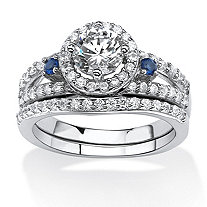 Picture of PalmBeach Jewelry 551218 Platinum Over .925 Sterling Silver 1.72 Tcw Cubic Zirconia And Lab Created Sapphire Halo Bridal Set - 8