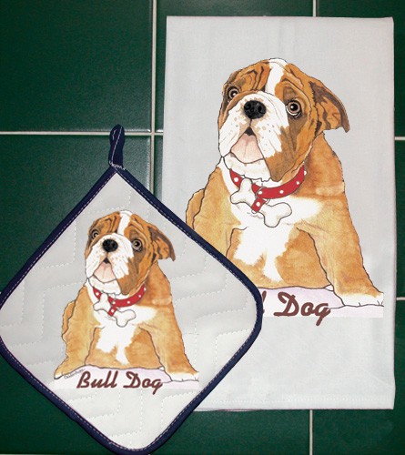 Picture of Pipsqueak Productions DP925 Bulldog Dish Towel And Pot Holder Set
