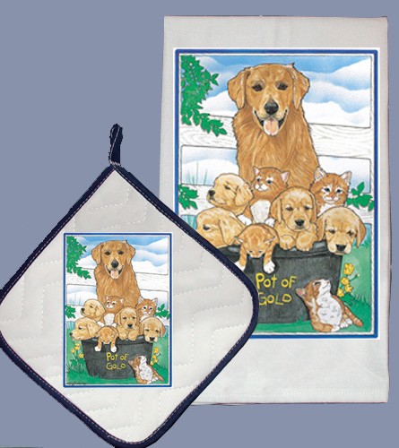 Picture of Pipsqueak Productions DP815 Golden Retriever Dish Towel And Pot Holder Set