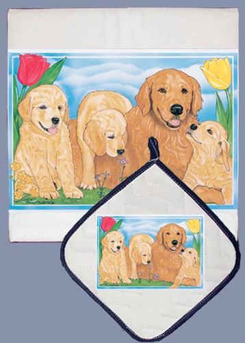 Picture of Pipsqueak Productions DP484 Golden Retriever Dish Towel And Pot Holder Set
