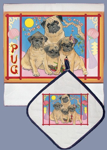 Picture of Pipsqueak Productions DP856 Pug Dish Towel And Pot Holder Set