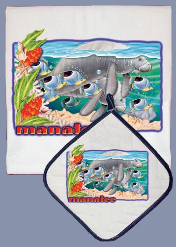 Picture of Pipsqueak Productions DP814 Manatee Dish Towel And Pot Holder Set