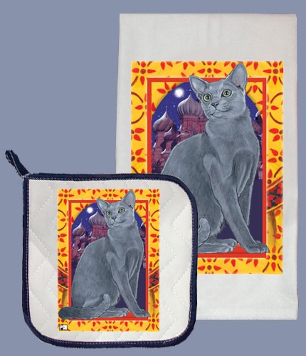 Picture of Pipsqueak Productions DP493 Russian Blue Dish Towel And Pot Holder Set