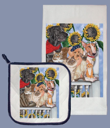 Picture of Pipsqueak Productions DP875 Dog with Cat Dish Towel And Pot Holder Set