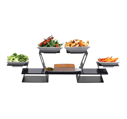 Picture of Rosseto Serving Solutions SK034 Swan Multi-Level System Black Matte with Black Tempered Glass 7 Piece Kit