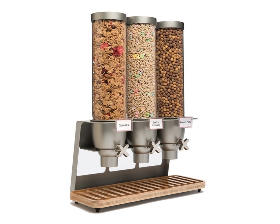 EZ547 Triple Container Table-Top Cereal Dispenser with Bamboo Tray- 3.9-Gallon -  Rosseto Serving Solutions