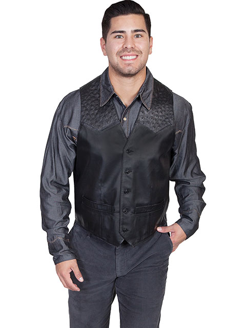 607-175-46 Mens Leather Vest With Ostrich Trim- Black Lamb With Black Ostrich Trim - 46 -  Scully