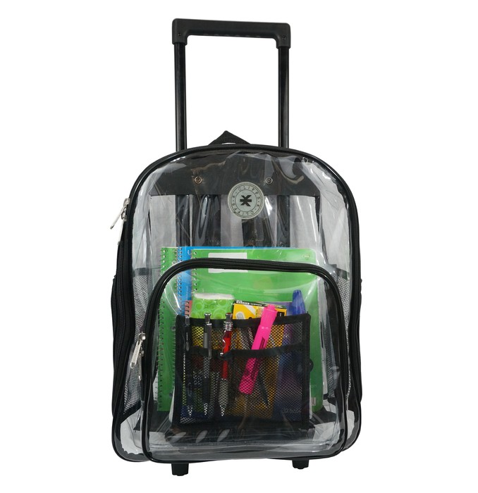 LM214 Black Wheeled Deluxe 17 in. See-through Clear 0.5 mm. PVC Backpack