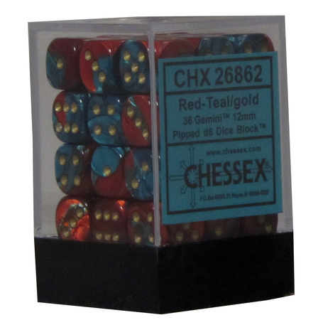 CHX26862 Gemini 7 12mm D6 Red And Teal With Gold Dice