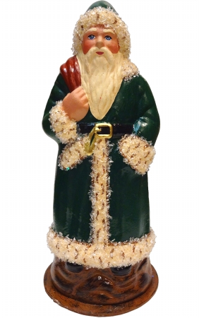 SCHA 1416 Schaller Paper Mache Candy Container - Santa Green Coat