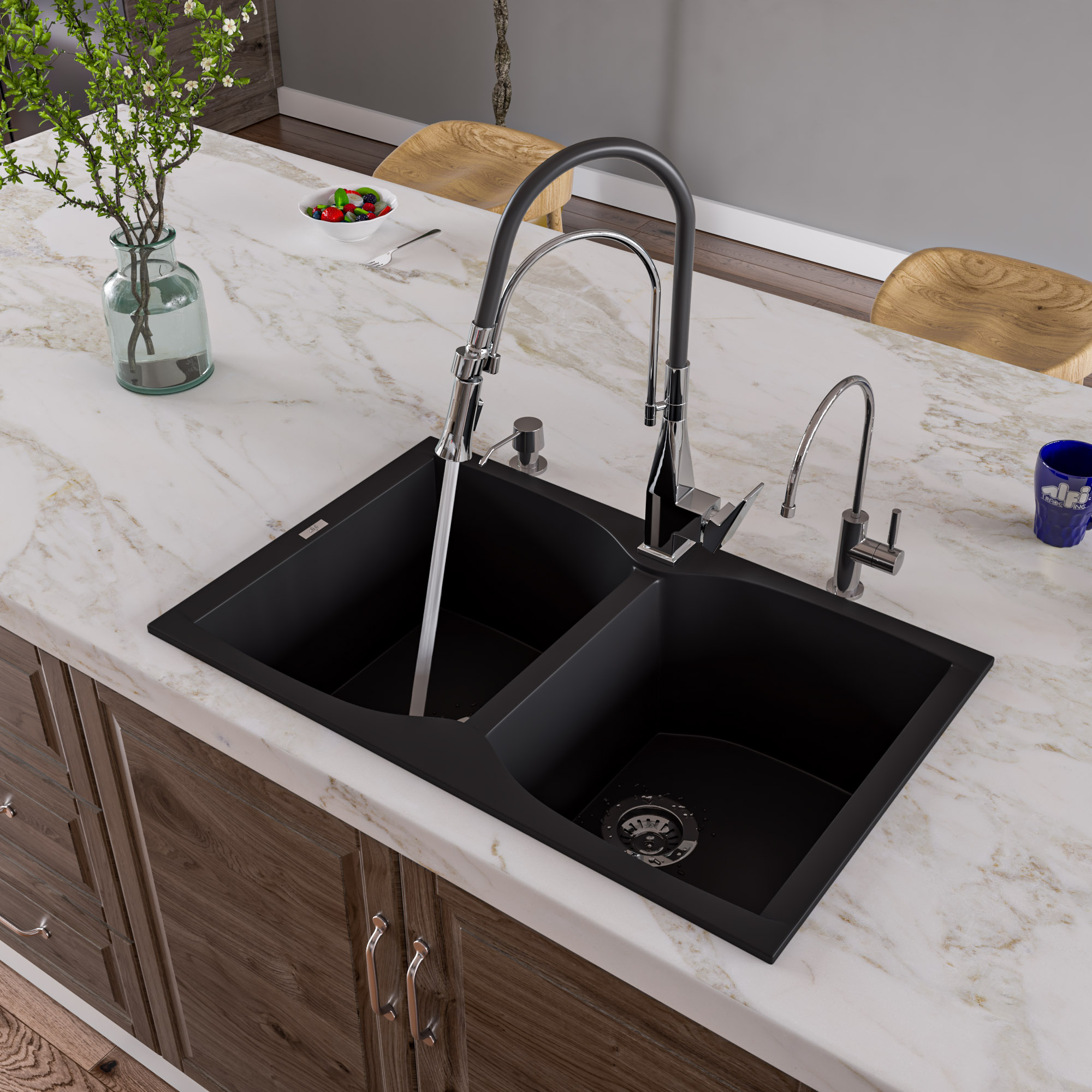 Picture of ALFI Brand AB3220DI-BLA Drop-In Double Bowl Granite Composite Kitchen Sink - Black&#44; 32 in.