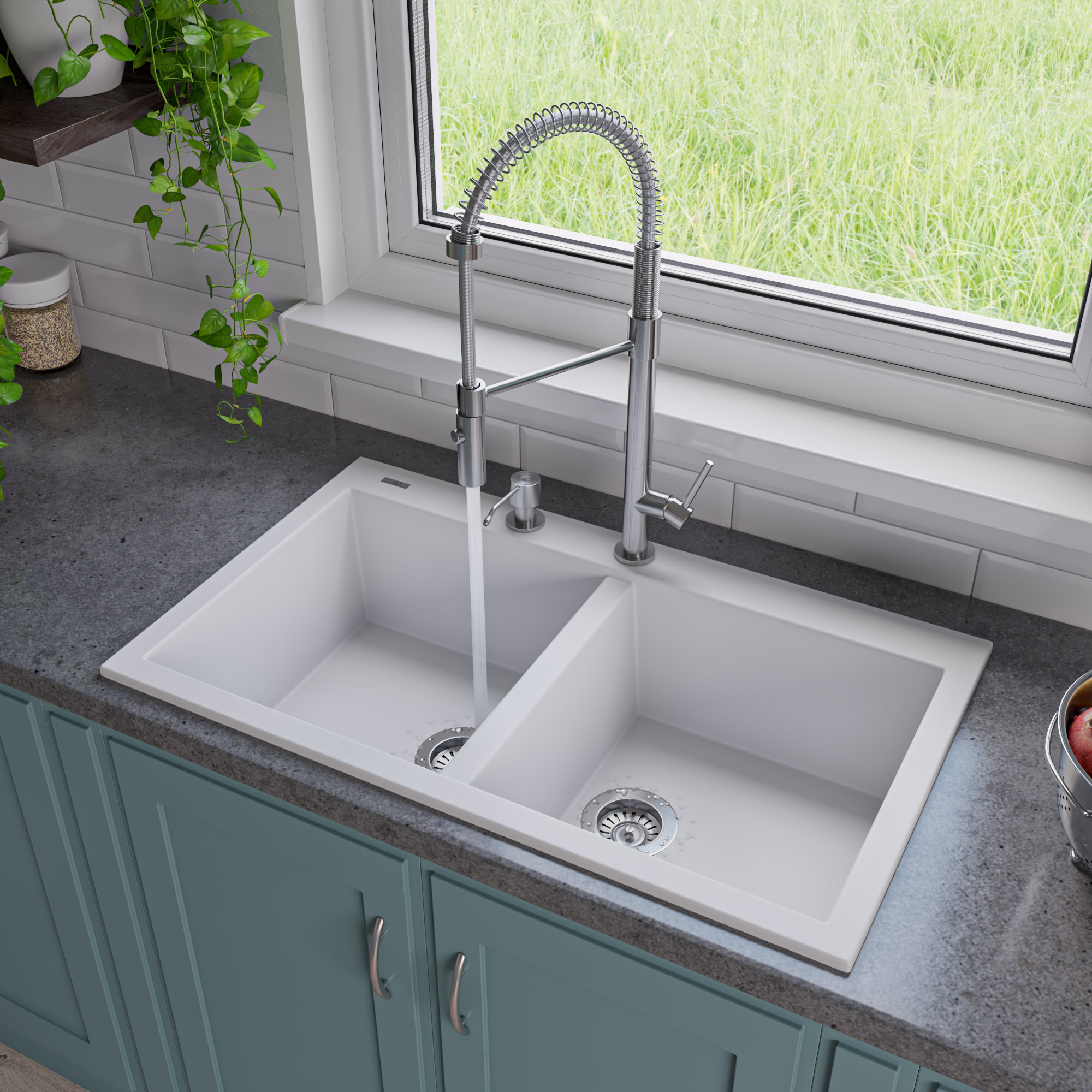 Picture of ALFI Brand AB3420DI-W Drop-In Double Bowl Granite Composite Kitchen Sink - White&#44; 34 in.