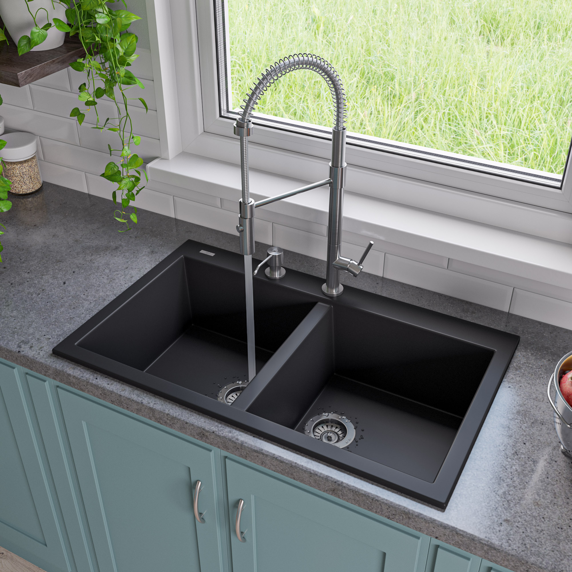 AB3420DI-BLA Drop-In Double Bowl Granite Composite Kitchen Sink - Black, 34 in -  ALFI brand