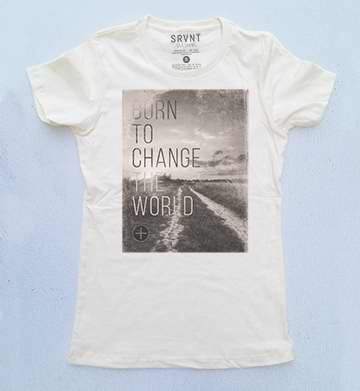 Picture of SRVNT Clothing 111994 Tee Shirt-Born To Change The World Womens Boyfriend Tee-Medium-Ivory with Brown & Grey