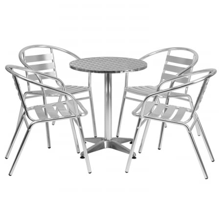 TLH - ALUM - 24RD - 017BCHR4 - GG 23.5 in. Round Aluminum Indoor - Outdoor Table - 4 Slat Back Chairs -  Flash Furniture, TLH-ALUM-24RD-017BCHR4-GG