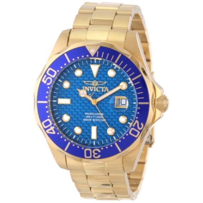 Picture of Invicta 14357 Mens Pro Diver Blue Carbon Fiber Dial 18k Gold Ion-Plated Stainless Steel Watch