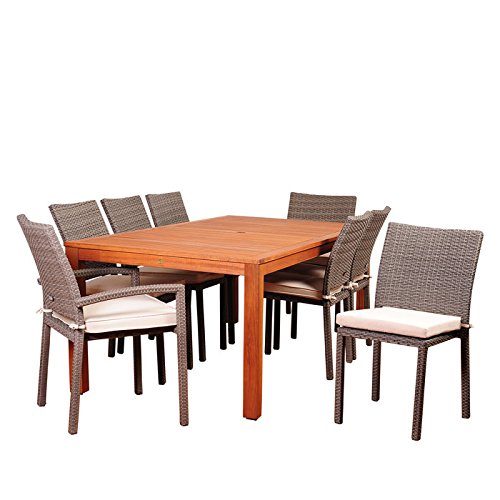 SC ALAMA-6LIB-2LIBARM-GROW Amazonia Vienna 9 Piece Eucalyptus Rectangular Dining Set with Off-White Cushions
