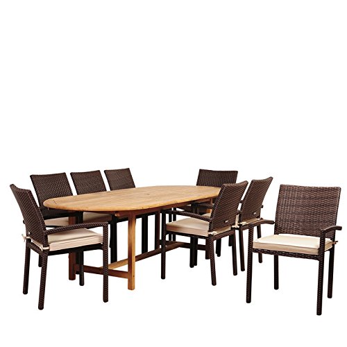 SC DIANOVAL-8LIBARM-BRSBG Amazonia Santa Clarita 9 Piece Eucalyptus Rectangular Dining Set with Antique Beige Sunbrella Cushions
