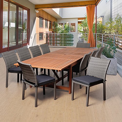 SC LEY-10LIBARM GRGR Winston 11 Piece Eucalyptus & Wicker Extendable Rectangular Patio Dining Set with Grey Cushions