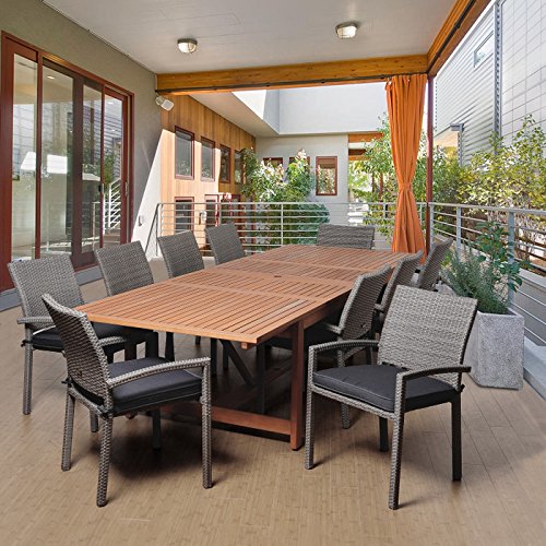 SC LEY-10LIBER GRGR Angelo 11 Piece Eucalyptus & Wicker Extendable Rectangular Patio Dining Set with Grey Cushions