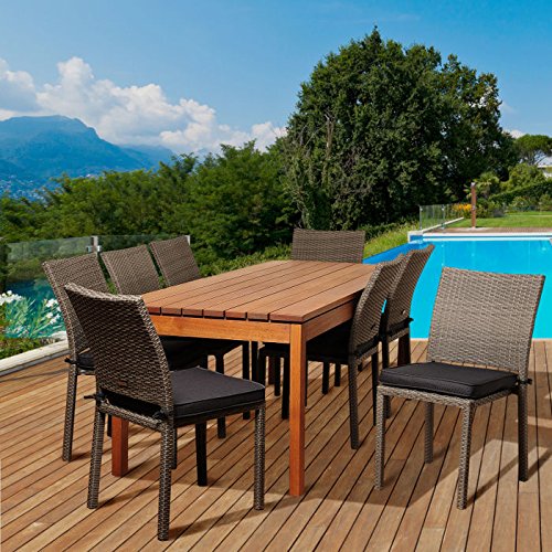 SC ATA-8LIBER GRGR Lynwood 9 Piece Eucalyptus & Wicker Rectangular Patio Dining Set with Grey Cushions
