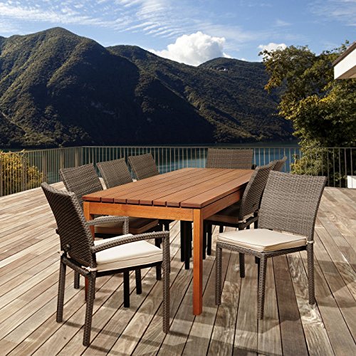 SC ATA-6LIB-2LIBARM GROW Marchello 9 Piece Eucalyptus & Wicker Rectangular Patio Dining Set with Off-White Cushions