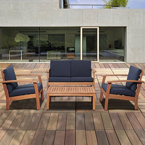 SC KINGS4DEEP-BL Murano 4 Piece Eucalyptus Patio Conversation Set with Blue Cushions