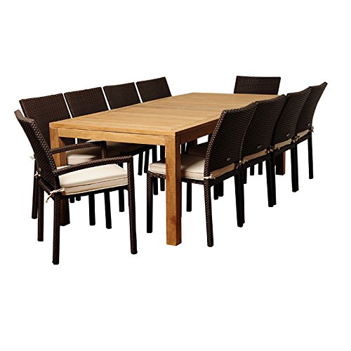 SC RINRECTBIG-8LIB-2LIBARM BR Darren 11 Piece Teak & Wicker Rectangular Patio Dining Set with Off-White Cushions