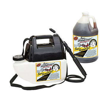Picture of Bareground BGBPS-1C battery sprayer with one gallon of Bare Ground Bolt calcium chloride deicing liquid