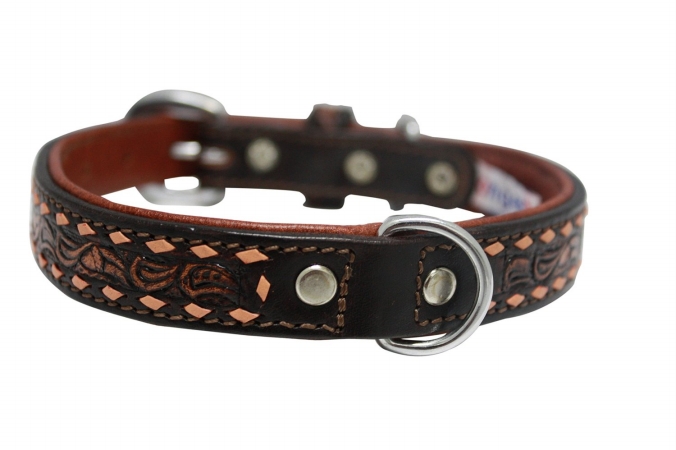 Picture of Angel Pet Supplies 11033 Buck Stitched Hand Carved Hand Dyed Leather Dog Collar&#44; 18 x 0.75 in. - Brown