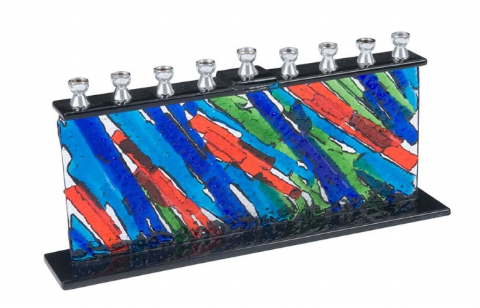 Picture of Gift Mark M-741 Hand Made Fused Multi Colored Glass Menorah, Angle