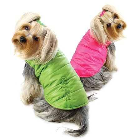 Picture of KlippoPet KJK059XS Reversible Parka Vest With Ruffle Trims - Lime & Pink&#44; Extra Small