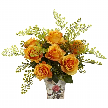 Picture of Nearly Natural 1379-OY Rose & Maiden Hair With Floral Planter - Orange Yellow