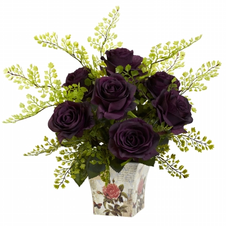 Picture of Nearly Natural 1379-PE Rose & Maiden Hair With Floral Planter - Purple Elegance