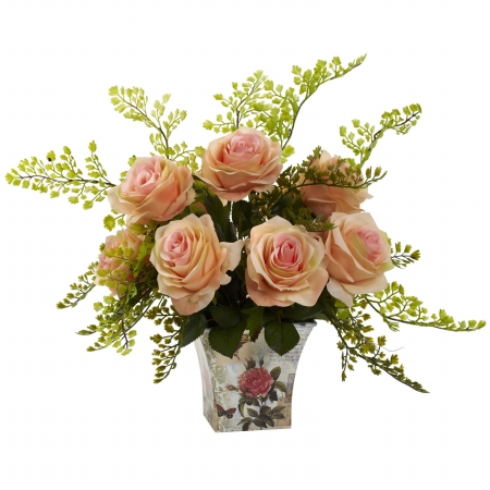 Picture of Nearly Natural 1379-PH Rose & Maiden Hair With Floral Planter - Peach