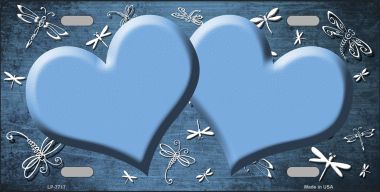 LP-7717 Light Blue White Dragonfly Hearts Print Oil Rubbed Metal Novelty License Plate