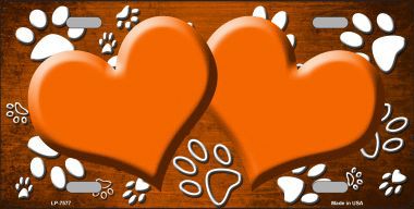 LP-7577 Paw Print Heart Orange White Metal Novelty License Plate