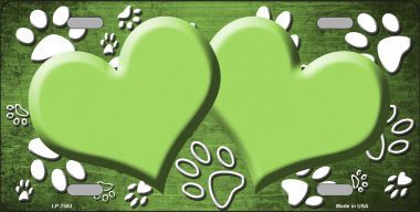 LP-7583 Paw Print Heart Lime Green White Metal Novelty License Plate