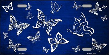 LP-7650 Blue White Butterfly Print Oil Rubbed Metal Novelty License Plate