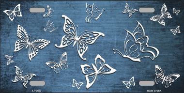 LP-7657 Light Blue White Butterfly Print Oil Rubbed Metal Novelty License Plate