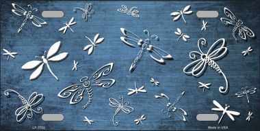 LP-7702 Light Blue White Dragonfly Print Oil Rubbed Metal Novelty License Plate