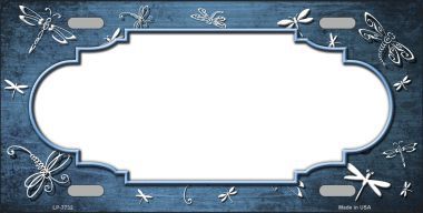 LP-7732 Light Blue White Dragonfly Scallop Print Oil Rubbed Metal Novelty License Plate