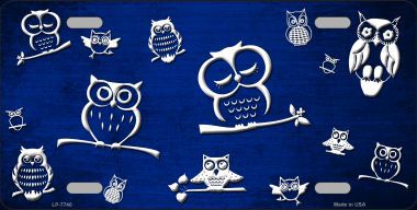 LP-7740 Blue White Owl Print Oil Rubbed Metal Novelty License Plate